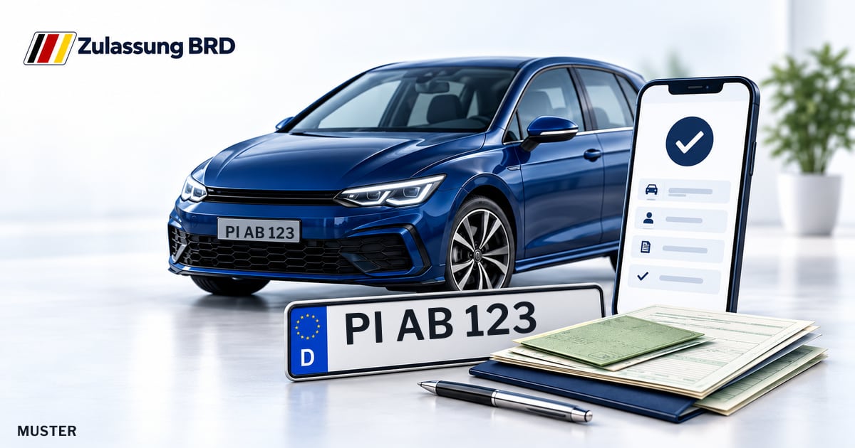 Online Fahrzeugzulassung in Quickborn: Musterkennzeichen PI AB 123, Auto und Fahrzeugpapiere und Smartphone. Illustration mit Logo von Zulassung BRD.